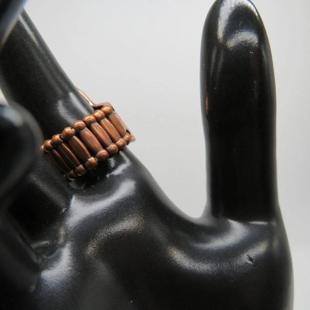 Antique Copper Tone Boho Shield Stretch Ring Size 7 Floral Beaded Statement